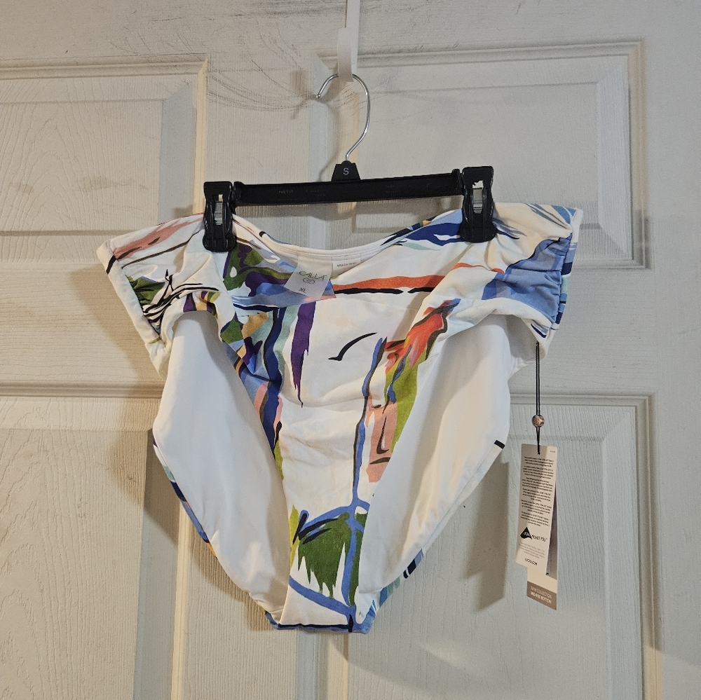 CALIA Women's Mid Rise Shirred V Front Swim Bottom: TAHITIAN PRINT: NWT: SIZE XL